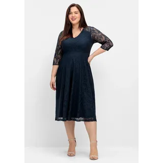 Cocktailkleid SHEEGO "Cocktailkleid", Damen, Gr. 52, Normalgrößen, blau (nachtblau), 100% Polyamid, unifarben, wadenlang, V-Ausschnitt, Kleider Cocktailkleid