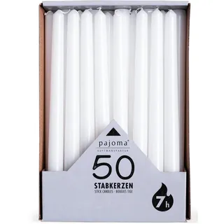 pajoma Stabkerzen Weiß 25 cm Höhe - 50 Stück - Weiße Kerzen Lang Brenndauer ca. 7 Stunden - Duftfreie und Gleichmäßig Brennende Kerzen - Vielseitig Einsetzbar für Deko & Feste - Dinner Candles