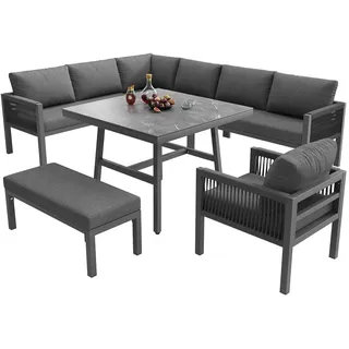 Redom Gartenlounge-Set, Eisen mit Marmorglas-Tisch, modular für 8 Personen, 118/61/80 cm, Grau , Metall , Gartenmöbel, Gartengarnituren, Gartenmöbel-Sets