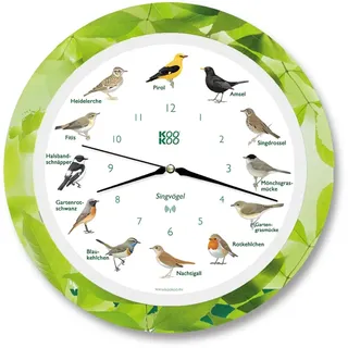 KOOKOO Singvögel Quarzwerk Leaf, Die Singende Vogeluhr, runde Wanduhr mit natürlichen Vogelstimmen