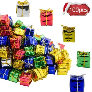 100 Stück glänzende Mini-Boxen Ornamente, metallische Folie umwickelte Ornamente Dekoration Boxen für Weihnachtsbaum hängende Dekorationen