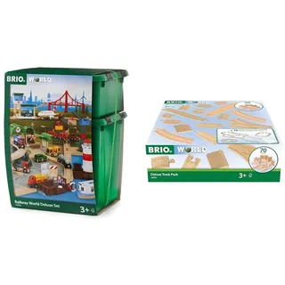 BRIO 33766 - Großes Premium Set, Kunststoffboxen, Bauernhof Tiere & World 36030 Schienensortiment Deluxe - 70-teiliges Set mit Schienen, Weichen und Brückenpfeilern