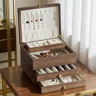 Baolivi Schmuckkasten aus Holz Groß Vintage Schmuckkästchen aus Holz Schmuckbox Massivholz Schmuckschatulle 2 Schubladen, 4 Ebenen Schmuckaufbewahrung Box für Damen Schmuck Ringe Ohrringe