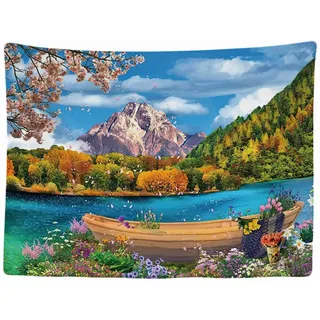 Ulticool - Landschaft Bäume See Berge Boot - Wandteppich - 200x150 cm - Großer Wandteppich - Poster Verzierung - Dekoration - Tapete - Leinwand - Malerei - Zubehör Raumteiler - Grün Blau Weiß