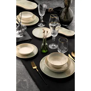 27-Piece Dinner Set, 100% Porcelain, Green & Cream | Includes Service Plates, Bowls, Dessert Plates & Boat Plates | Dishwasher & Microwave Safe