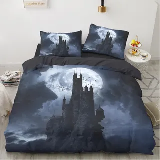 Luowei Halloween Bettwäsche 135x200 Schloss Mond Grau 3D Gothic Bettwäsche Halloween Weich Microfaser Bettwäsche 2teilig für Kinder Teenager Geschenk mit Reißverschluss und 80x80 cm Kissenbezug