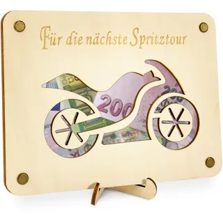 TAKULA Reisekasse Spardose 20x15cm Holz Motorrad Geldgeschenk Geburtstag