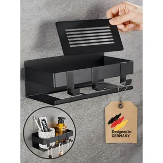 DEKAZIA® Duschablage Edelstahl Schwarz - Selbstklebendes Duschregal ohne Bohren mit Rostfreiem Material, Herausnehmbarem Boden und Starker Klebefläche