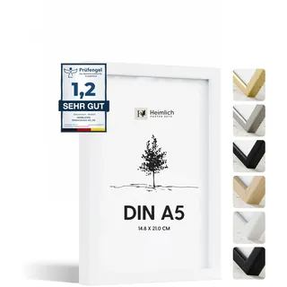 Heimlich® - Bilderrahmen - A5 14,8x21 cm Ayous Holz, Weiß – Diplom-Poster-Collage-Rahmen mit Folienabdeckung – Wandmontage oder Tischaufsteller