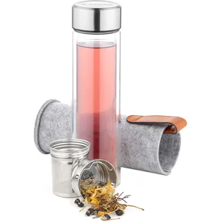 Navaris Teeflasche aus Glas mit Edelstahl Sieb - 500ml Tee Flasche Teekanne to go - Trinkflasche doppelwandig aus Borosilikatglas - mit Filz Hülle