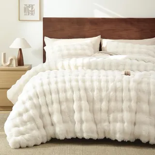 Sedefen Plüsch Bettwäsche 135x200 cm Flauschig Kunstfell Weiß Creme,Bubble Wende Bettwäsche Biber Warme Winterbettwäsche Shaggy Flanell Bettbezug und 1 Kissenbezug 80x80cm mit Reißverschluss