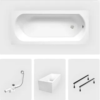 Rechteckige Badewanne - 160 x 75 cm - mit Polystyrol-Verkleidung - Füße - Chromablauf - INTRICA SLIM