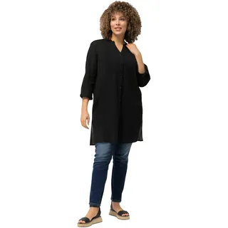 Ulla Popken Damen große Größen Übergrößen Plus Size Longbluse, Krepp, Stehkragen, V-Ausschnitt, 3/4-Arm schwarz 50+ 818499100-50+