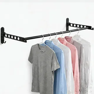 JOLY FANG Wand Kleiderlüfter, Kleiderständer kleiderhaken Klappbar mit Stange, Wandmontage Garderobenhaken für Schlafzimmer Waschküche(Schwarz, 2 Stück + Stange)