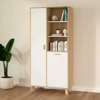Dmora - Vitrine Esme, Glas-Sideboard, Mehrzweckvitrine, Hängendes Bücherregal mit Glastüren, 89x40 h188 cm, Eiche und Weiß