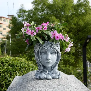 Romehaha Gesicht Blumentopf, Skulpturiert mit Drainageloch,Göttin Gesicht Pflanzgefäß,Gesicht Kunst Skulptur Blumentopf Harz Blumentopf,Nette Harz Göttin Pflanzer für Innen-und Außenpflanzen(Grau)