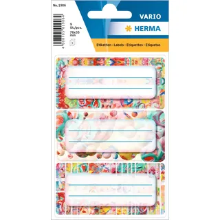 Herma 1906 Buchetiketten zum Beschriften Malerei, 9 Stück, 76 x 35 mm, selbstklebend, liniert, Buchaufkleber für Schule Kinder Mädchen Jungen, mehrfarbige Heftetiketten Aufkleber, bunt