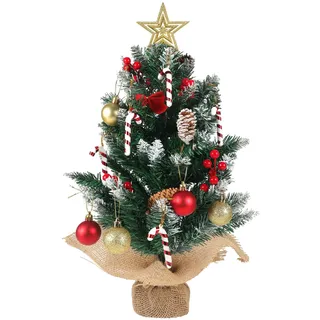 HOWAF Künstlich Weihnachtsbaum Klein Geschmückt 60 cm Mini Weihnachtsbaum Tisch Christbaum für Weihnachtsdeko Innen Haus Büro Weihnachten Deko, mit Weihnachtskugeln, Baumschmuck, Grün
