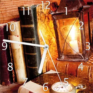 Wallario Design Wanduhr Antike Laterne mit Kerze alten Büchern und Taschenuhr aus Echtglas, Größe 20 x 20 cm - Schwarz