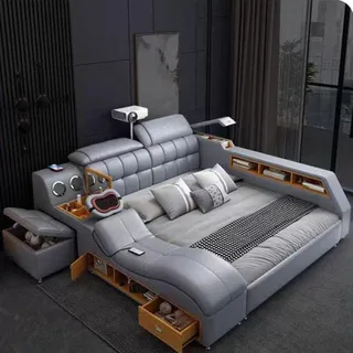 Multifunktionsbett mit USB-Anschluss Massagefunktion und Hocker - Beige