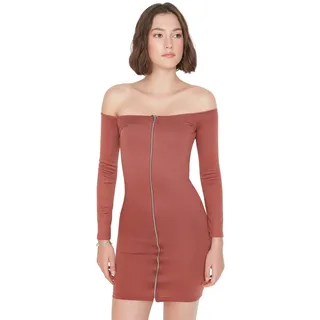 Trendyol Damen Woman Mini Bodycon Asymmetrischer Kragen Gestrickt Kleid, Brown, L