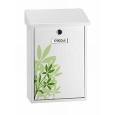 ARREGUI Premium E5608 Briefkasten aus Verzinktem Stahl, mit im Siebdruck lackiertem Blätter - Motiv "Blossom", Größe M (DIN A4 Post), Wandbriefkasten für Draußen mit Einwurfklappe, Weiß mit Grün