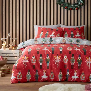 Fusion - Roter weihnachtlicher Nussknacker-Bettbezug – King-Size-Bettwäsche (230 x 220 cm) – Weihnachts-Ballerina-Bettbezug – wendbares Design (grau und rot) – Weihnachts-Bettwäsche-Set mit 2