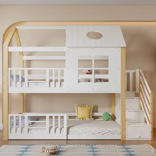 Flieks Etagenbett 90x200cm mit Treppe, Kinderbett Hausbett mit Rausfallschutz und Lattenrost, Hochbett mit Stauraum, Einzelbett Naturbelassen - Naturbelassen