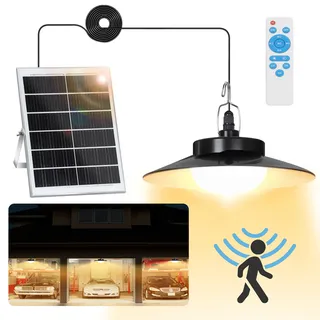 LED Solarlampe Bewegungsmelder Außen Pendelleuchte IP65 Wasserdicht Gartenleuchte Dimmbar 5 Modi mit Fernbedienung, Warmweiß, 1 Lampe - Weiß