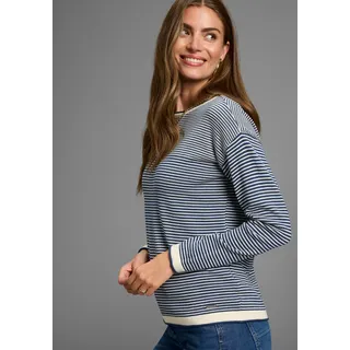 Rundhalspullover LAURA SCOTT, Damen, Gr. 40/42, weiß (grün weiß gemustert), Strick, Obermaterial: 50% Baumwolle, 50% Polyacryl, gestreift, figurumspielend hüftbedeckend, Rundhals, Strickkante, Pullover Rundhalspullover, Feinstrickpullover aus Strukturstrick mit Streifen