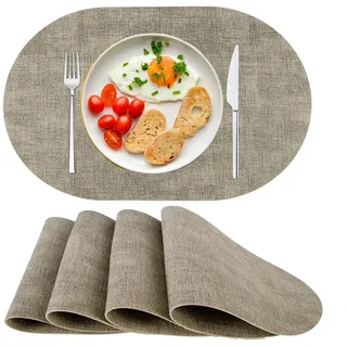 Platzsets Abwaschbar Tischsets 4er Set PU-Leder, Hitzebeständig, rutschfest, Platzset für Esstisch, Küche Oval Beige
