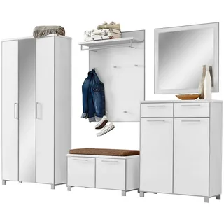 Garderobe , Weiß, Hellbraun , Glas, Textil, Holzwerkstoff , 6-teilig , 265x195x40 cm , Goldenes M, Made in Germany, DGM-Klimapakt , Garderobe, Garderoben-Sets & Garderoben-Serien, Garderoben-Sets
