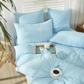 YASMENG Seersucker Bettwäsche 155x220 Blau Gestreift Bettwäsche Seersucker Weich Atmungsaktiv Mikrofaser Bettwäsche Modern Bettbezug Set 3 Teilig mit Reißverschluss und 2 Kissenbezüge 80x80 cm