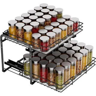 MAYZOLOP Gewürzregal Ausziehbar, Schrank Organizer Küche, 2 Etagen Gewürzaufbewahrung, Oberen und unteren Körbe können unabhängig herausgezogen werden, Höhenverstellbar für die meisten Küchenschränke1