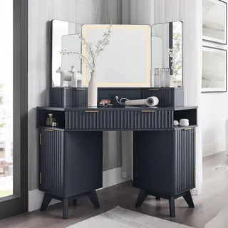 Schminktisch Eck-Kosmetiktisch 122 cm mit 3-Wege-Spiegel, Beleuchtung, Glasplatte, 3 Schubladen, Ladestation, Dunkelgrau