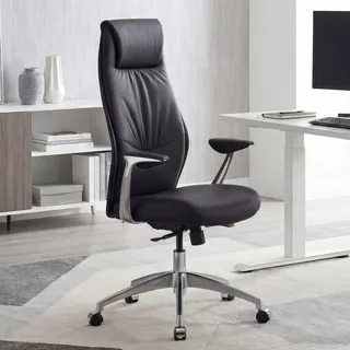 FineBuy Bürostuhl Schwarz Echt-Leder Schreibtischstuhl 120KG Chefsessel mit Synchronmechanik Drehstuhl - Schwarz