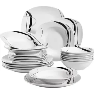 Montario Salade Com – 24-teilig – 6 Personen – Weiß/Schwarze Streifen Keramik – Essteller, tiefe Teller & Frühstücksteller – Modern & Zeitlos - Weiß