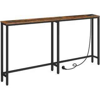 HOOBRO Schmaler Konsolentisch mit Steckdosenleiste, Konsolentisch mit Ladestation, schmaler Sofatisch, Konsole hinter dem Sofa, für Eingangsbereich, Flur, rustikales Braun und Schwarz EBF165CXG01