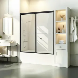 Vevor Badewannen Duschtür (1422-1524 x 1524 mm/B x H) halbrahmenlose Schiebetür für die Badewanne, halbrahmenlose Bypass-Wannentür mit 1/4 Zoll bruchsicherem gehärtetem Glas und Edelstahlgriff