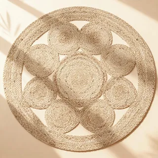 Craft Trade Handgewebt Natur Boho Jute Teppich Reversibel Blume Geflochten Waschbarer Rund Juteteppich für Küche Wohnzimmer und Schlafzimmer- 90 cm