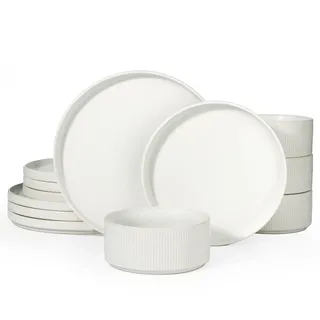 Richmount Star 12-teiliges teller set, Geschirrset 4 personen, Steingut Geschirr Set, Anti-Kratzer Tafelservice, Mikrowellen & Spülmaschinenfest, Mattes Beigeweiß