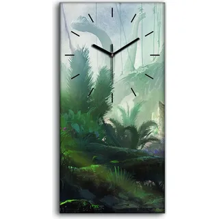 Wanduhr Uhr Wandbild Leinwand 30x60 Dinosaurier Dschungel Jura Landschaft - schwarze Hände - Schwarz