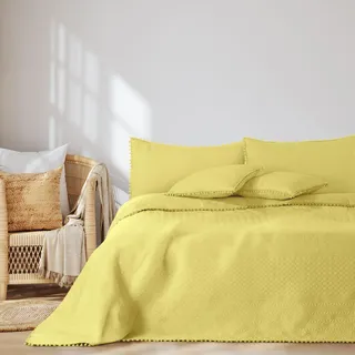 AmeliaHome Tagesdecke mit Pompons 240x260 cm Bettüberwürf zweiseitig Ultrasonic Steppung Polyester Meadore Gelb
