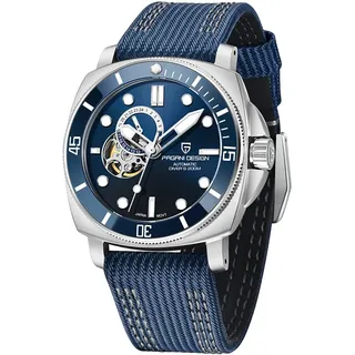Pagani Design 1736 Herren Skelett Automatikuhren Japan NH39 Uhrwerk Nylonband 200M Wasserdicht Uhr für Männer Mode Sport, blau, Armband