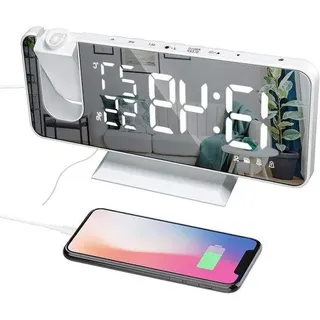 180° drehbares Projektionswecker mit USB-Ladegerät, FM-Radio, 7,4 Zoll Spiegeldisplay, 2 Tönen, 4 Dimmer - weiß