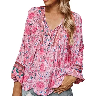 SKFLABOOF Bluse Damen Elegant Boho Kleidung V-Ausschnitt Blumenmuster Tunika Hippie Bluse Langarm Hawaii Hemd Casual Sommer Tops Oberteil