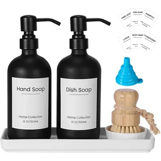 Modernes Glas Seifenspender Set: 2er-Pack Vintage Spülmittelspender für Küche, 17 oz luxuriöser Badezimmerspender mit wasserfesten Etiketten für Küche, Bad, Bauernhaus-Stil (Schwarz)