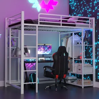 Flieks Etagenbett 90x200cm mit Schreibtisch, Kinderbett Metallbett mit Regal, Hochbett mit Rausfallschutz und Lattenrost, Einzelbett Stockbett, Weiß - Weiß