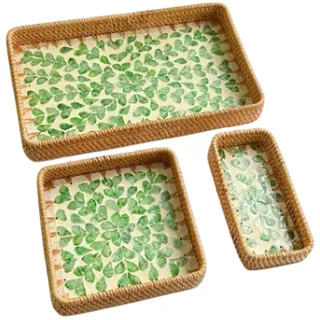 Joyeee 3 Stück natürlich gewebtes Servierkorb-Set, 1 großes rechteckiges Rattan-Serviertablett, 1 quadratisches gewebtes Tablett und 1 kleiner, langer, schmaler rechteckiger Korb für Zuhause
