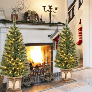 COSTWAY 120 cm künstlicher Weihnachtsbaum mit Beleuchtung, Tannenbaum im Topf, mit warmweißen LED-Lichtern & Timer & 116 PVC Zweigspitzen, Topfbaum für Eingang Haus Büro, Grün - Grün, Gold
